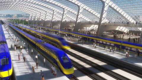 Rendered image of a high speed trains at a station