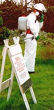 A landscaper in white protective gear spraying the lawn of grass with chemicals