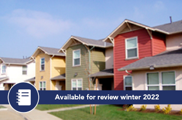 Row housing with banner that reads "available for review Winter 2022"
